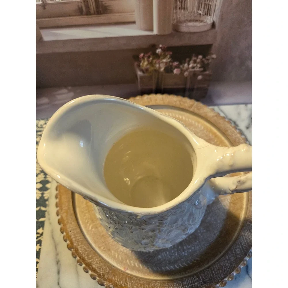 Vintage Italian Style Ceramic Floral‎ Embossed Pitcher Farmhouse Creamer Vase